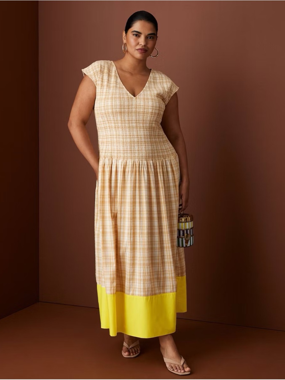 Rosie Assoulin x Target Drop Waist Maxi Dress Khaki Plaid Yellow Border
